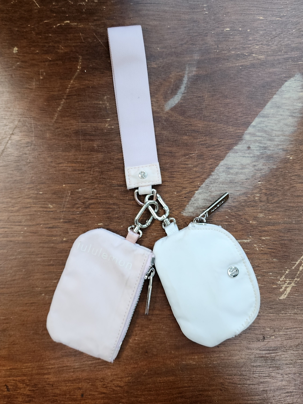 Lululemon Dual Pouch Wristlet Wallet Keychain Pink Mist White Opal OS